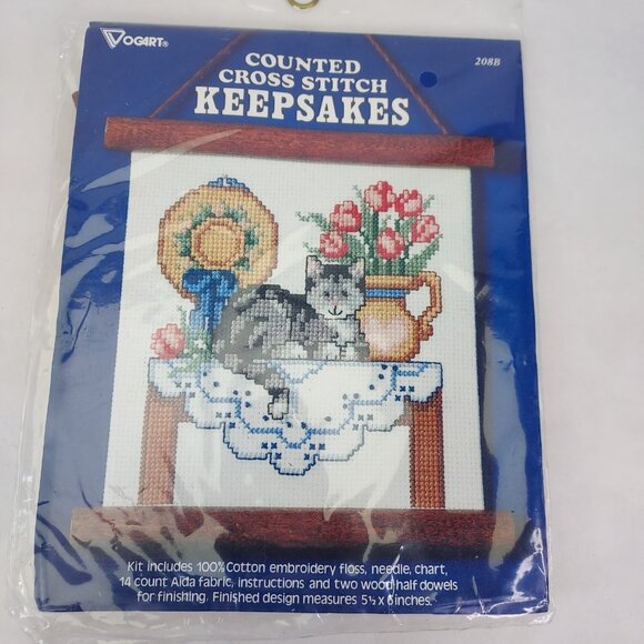 Vogart Cross Stitch Kits Cat Bless County Wood Wall Hanging 5" x 6" Counted NEW - Picture 2 of 5